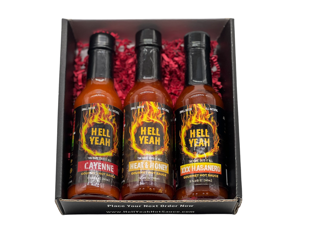 
                  
                    Load image into Gallery viewer, Hell Yeah Gourmet Hot Sauce 3-Pack Gift Box - (3) 5 OZ bottles
                  
                