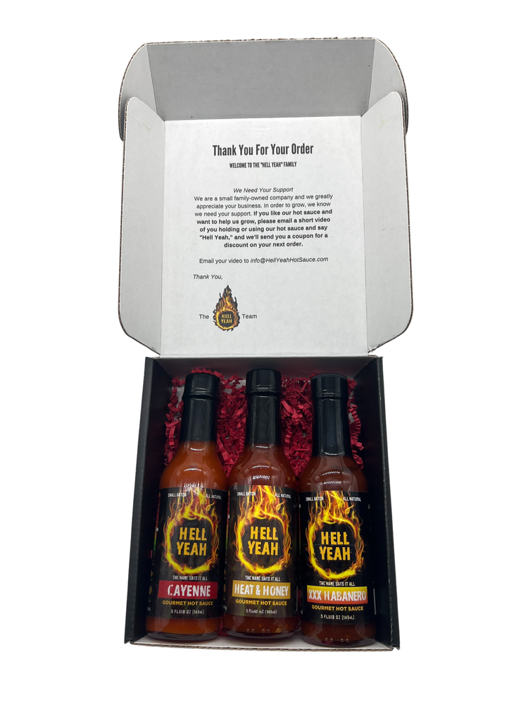 
                  
                    Load image into Gallery viewer, Hell Yeah Gourmet Hot Sauce 3-Pack Gift Box - (3) 5 OZ bottles
                  
                