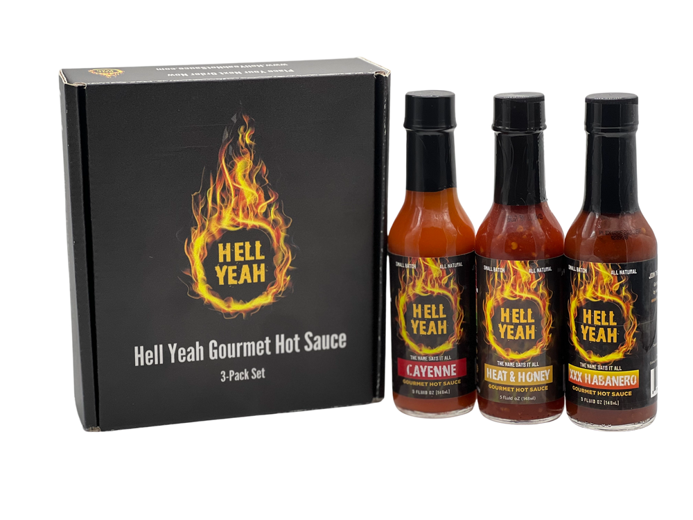 
                  
                    Load image into Gallery viewer, Hell Yeah Gourmet Hot Sauce 3-Pack Gift Box - (3) 5 OZ bottles
                  
                